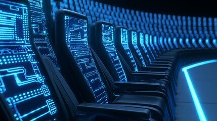 Obraz premium Futuristic Legislative Chamber with Real-Time Data Interfaces Illuminating Seats in Ultra-Detailed AI Government Concept Image