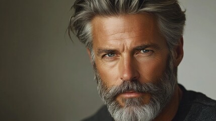 A close-up portrait of a man with grey hair, a long beard, and blue eyes looking directly at the camera

