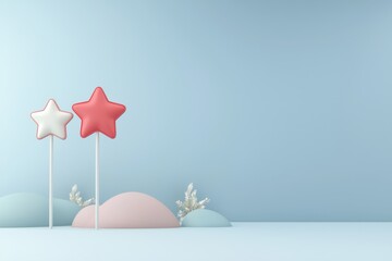 Pastel Pink and White Star Lollipops on Sticks Minimalist 3D Render Blue Background