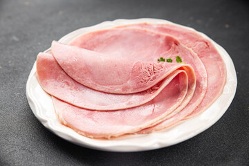 Ham slice pork meat fresh tasty food dish delicious gourmet food background on the table rustic food top view copy space