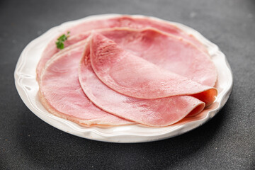 Ham slice pork meat fresh tasty food dish delicious gourmet food background on the table rustic food top view copy space