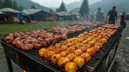Grilled meat and potatoes cooking on a barbecue at an outdoor market.