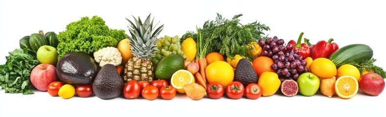 Colorful Assortment of Fresh Fruits and Vegetables on White Background for Health, Nutrition, and Culinary Inspiration Featuring Various Varieties for Creative Cooking