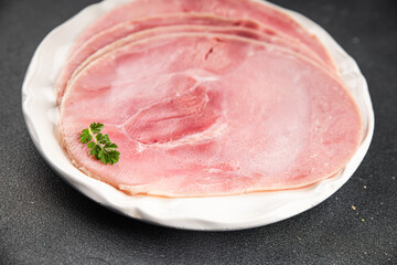 Ham slice pork meat fresh tasty food dish delicious gourmet food background on the table rustic food top view copy space