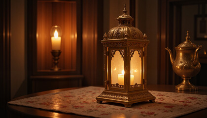 Elegant lantern glowing with candles in a cozy interior setting
