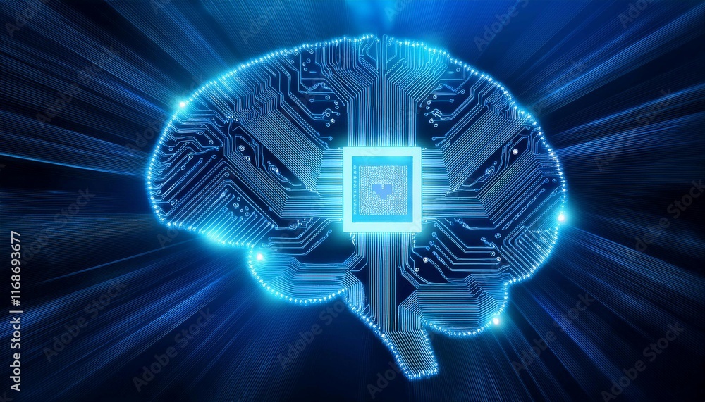 Poster intricate circuit board with illuminated brain symbol representing artificial intelligence technolog