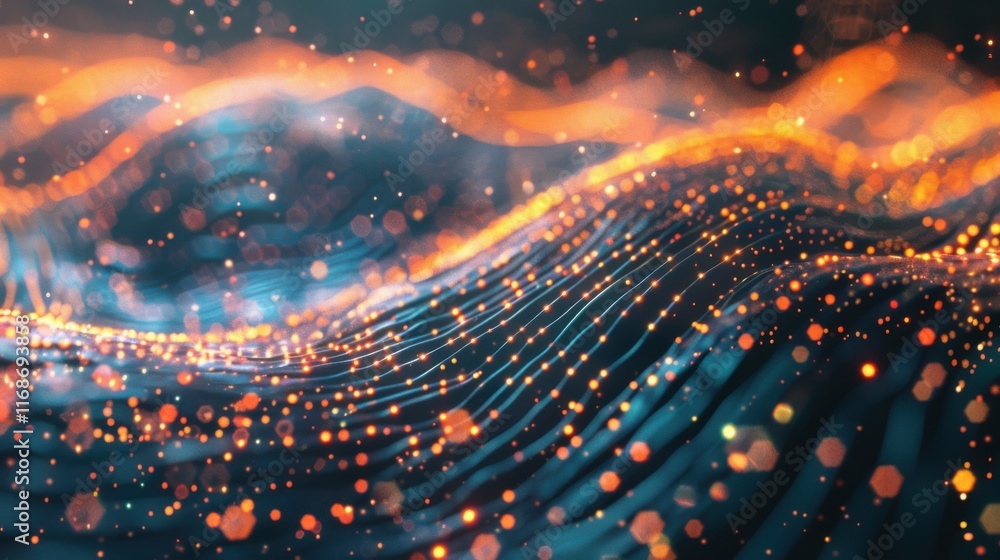 Poster abstract wave with moving dots and lines. flow of particles. cyber technology illustration. 3d rende