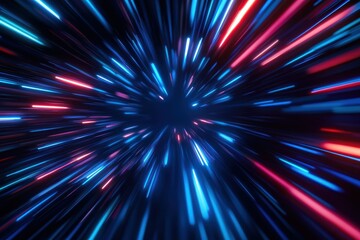 A vibrant explosion of blue and red lights, creating a dynamic sense of movement and speed in a dark background.