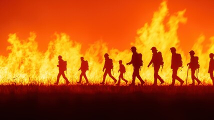 Fototapeta premium life-saving concept. Firefighters walking through flames at a wildfire scene.