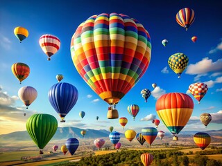 Fototapeta premium Colorful Hot Air Balloons Soaring in a Bright Blue Sky - Stunning Landscape Stock Photo