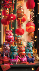 Fototapeta premium Chinese New Year figurines of zodiac animals surrounded by festive decor.