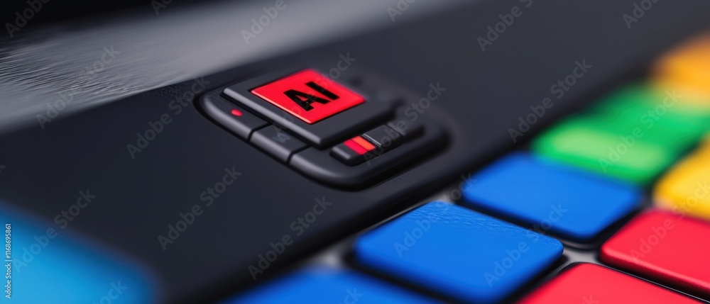 Poster ai technology button on a colorful control panel close up macro shot