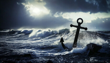 Dramatic silhouette of an anchor amidst powerful ocean waves under a stormy sky.  Perfect for concepts of strength, resilience, hope, or nautical themes. Ideal for websites, blogs, and social media.