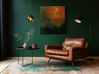 Leather Armchair in a Dark Green Room with Artwork
