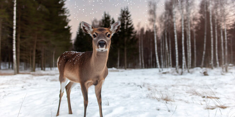 Einsamer Spaziergang  eines Rehs im verschneiten Wald mit Sonnenstrahlen im Hintergrund

