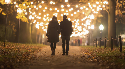 couple enjoys romantic evening stroll under twinkling lights in park