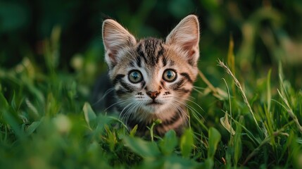 Fototapeta premium Playful kitten in lush green grass outdoor photography nature scene close-up perspective animal behavior