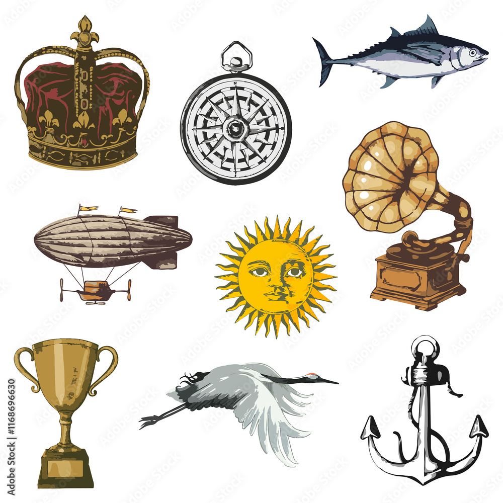 Poster vectorized object sticker with a white border set