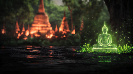 glowing holographic Buddha statue sits peacefully amidst lush greenery, with ancient temple structures softly illuminated in background, creating serene and mystical atmosphere