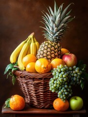 Colorful Fruit Basket with Pineapple, Bananas, Apples, Oranges, and Grapes on a Wooden Surface, Perfect for Healthy Living and Nutrition Themes