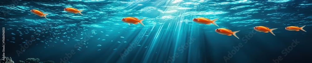 Poster coral reef with schools of fish swimming in synchronized patterns.