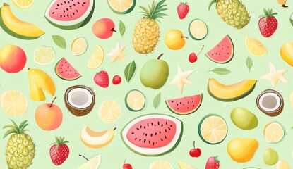Colorful Fruit Pattern with Watermelon, Pineapple, and Bananas on a Soft Green Background for Fresh and Vibrant Design Projects