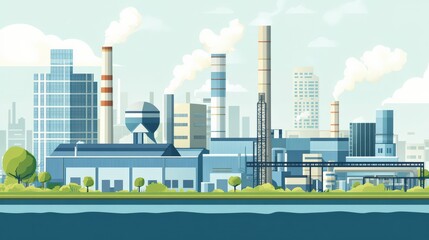 Obraz premium A clean urban factory with stacks emitting zero visible pollution, powered by sustainable energy sources and surrounded by green spaces