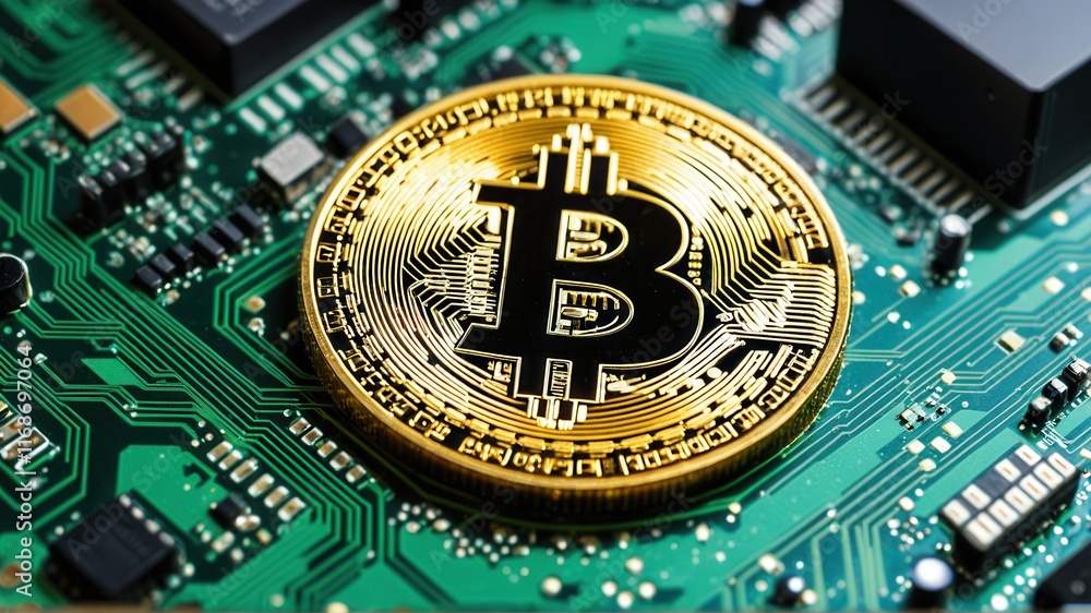 Poster bitcoin cryptocurrency on circuit board reflecting digital finance and blockchain technology