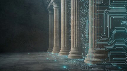 Digital Evolution: Stone Pillars Converging with Circuit Lines in AI Government Concept Image