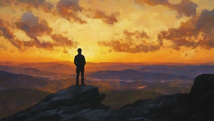 Obraz premium Stunning Silhouette of a Hiker on Mountain Peak at Golden Hour with Breathtaking Panoramic Vista and Majestic Sunset Scenery