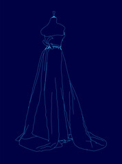 Blue dress with a long train is shown in a blue background. The dress is drawn in a stylized way, with the train extending from the waist down to the floor. The dress is elegant and sophisticated