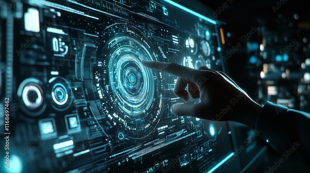 Poster futuristic digital interface technology screen modern design abstract blue neon glowing ui ux data
