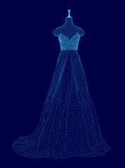 Dress with a long train is displayed in a blue color. The dress is very long and has a very long train, which makes it look elegant and sophisticated