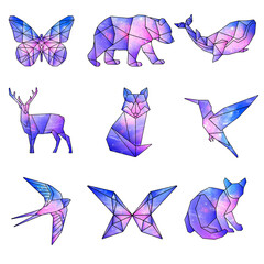Purple galaxy patterned geometrical and crystalized animal sticker set
