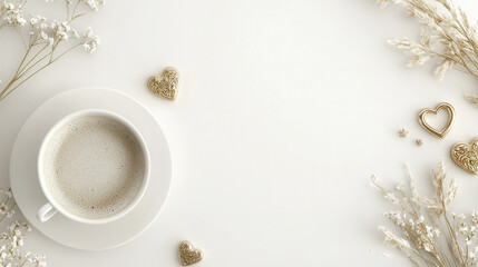 Aesthetic coffee cup with golden heart decorations and delicate flowers on white background
