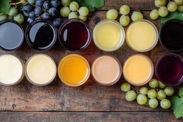 Assorted Grape Juice Flavors in Glass Bowls on Wooden Table with Grapes
