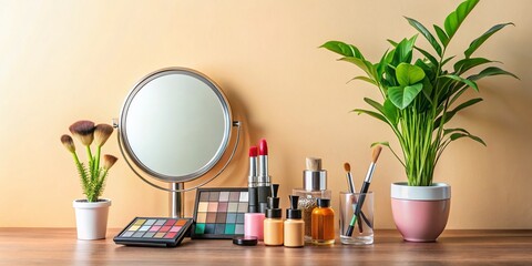Cosmetics, Mirror & Houseplant on Table Near Light Wall - Beauty Products Stock Photo