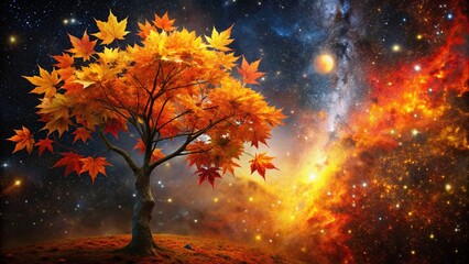 Cosmic Autumn: Vibrant Maple Tree Floating in Space - Surreal Fall Scenery