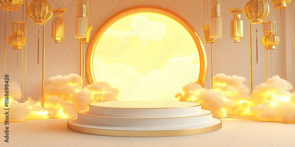 Poster elegant golden lanterns and cloudscape display platform