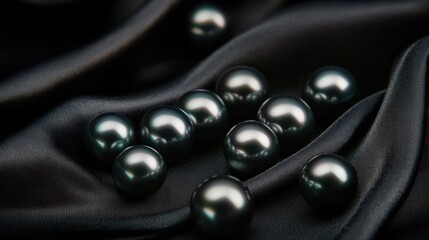 A collection of dark pearls scattered on luxurious black fabric.