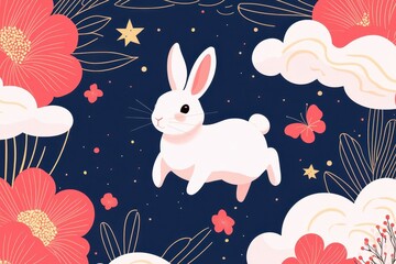 Adorable White Rabbit in a Whimsical Floral and Celestial Night Scene