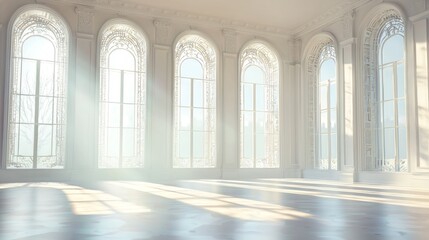 Obraz premium Illuminated Conceptual Chamber: Sunlight Filtering Through Algorithmic Circuit Decals