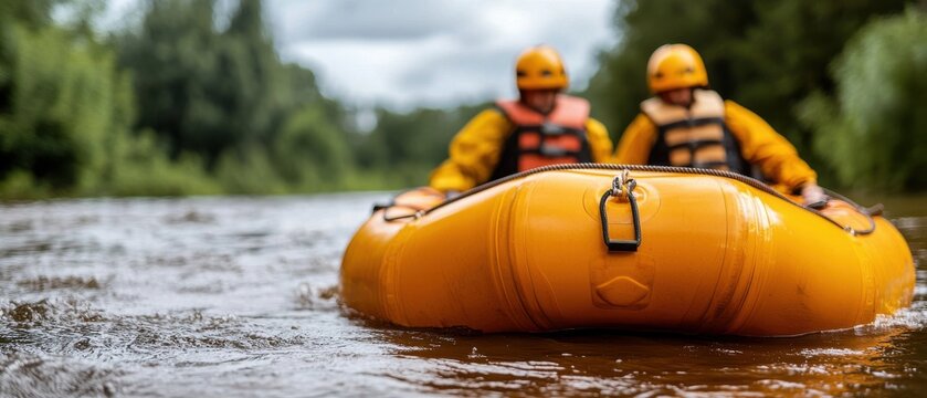 life-saving concept. Rescue team navigating a river in a yellow inflatable boat.