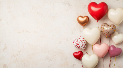 Fototapeta premium Heart shaped balloons in various colors on light background create festive atmosphere