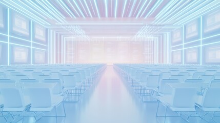 Fototapeta premium Multi-Level Civic Building Meeting with AI Government Interfaces - Futuristic Policy Discussion in Cinematic Ultra-Detailed Image