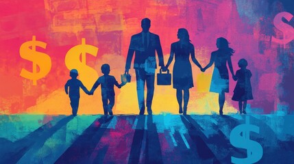  Happy family: mother, father, children son and daughter on nature on sunset
