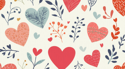 Whimsical love pattern with red and pink hearts and floral elements