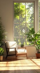 Fototapeta premium Sunlit interior corner with a cozy chair and lush greenery in a calm environment