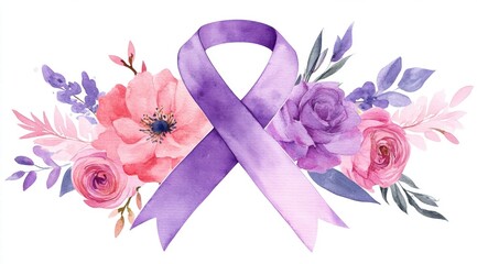 Watercolor pink and purple cancer ribbon with floral elements clip art, white background. 