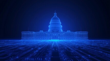 Illuminated Government Building Silhouette in Futuristic Circuit Paths on Deep Blue Background - Ultra-Detailed AI Concept Image